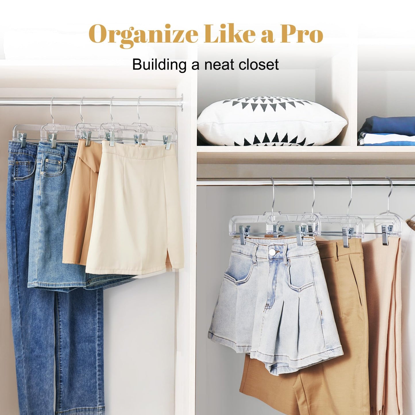 HOUSE DAY 50 Pack Skirt Hangers Pant Hangers with Clips, Clear Plastic Hangers for Pants, Skirts, Shorts, Versatile Use Clip Hanger, Retail Hanger