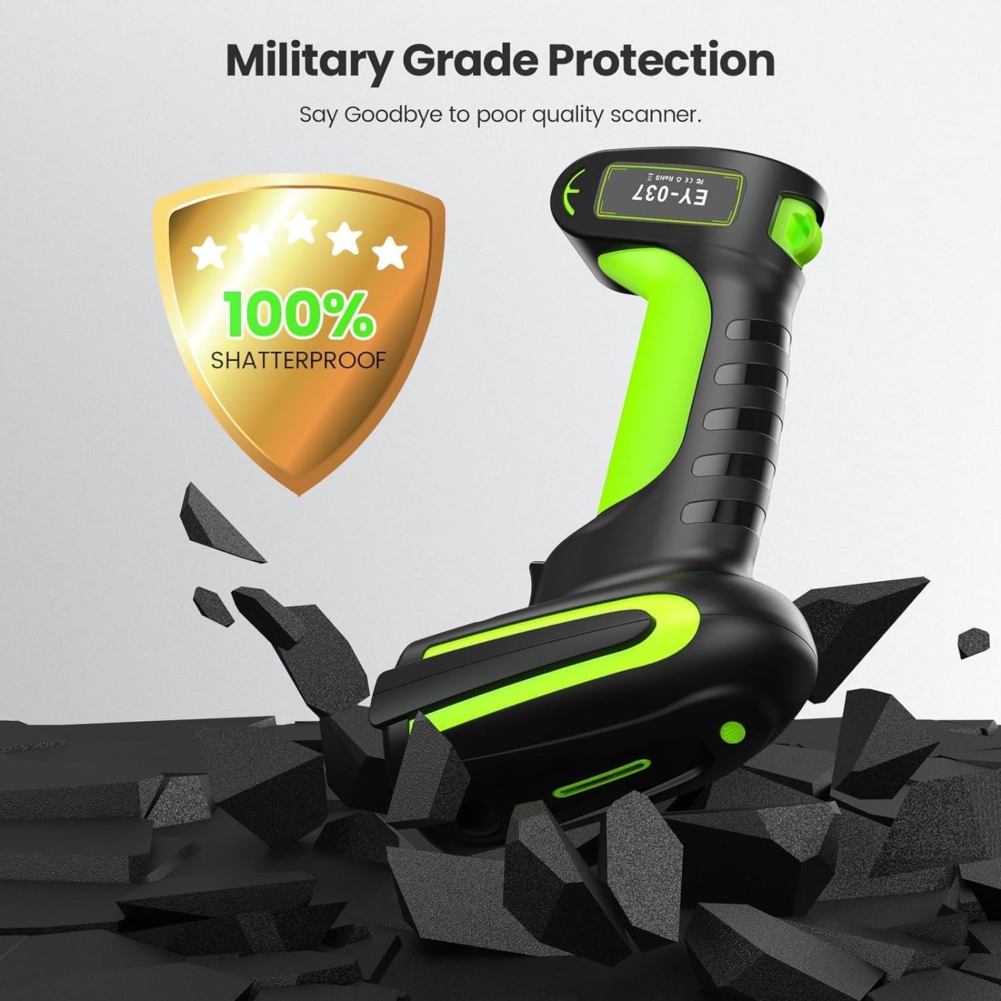 Eyoyo 2D QR Industrial Barcode Scanner with Wireless Charging Stand, Rugged Heavy Duty & IP65 Waterproof 3-in-1 Bluetooth & Wireless & USB Hands-Free Barcode Reader for Laptop Desktop Tablet Android