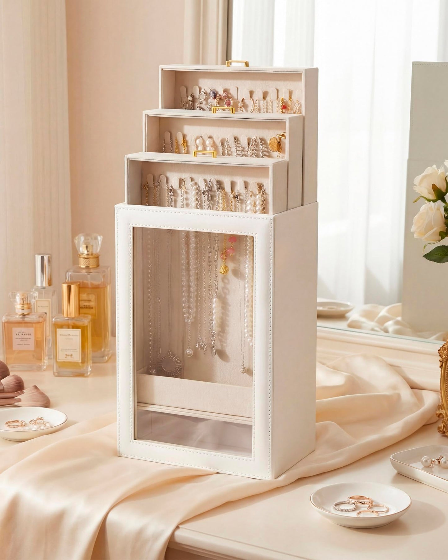 Huquary 3 Layer Vertical Necklace Holder Organizer Box 12.6" x 7.9" x 5", 30 Hooks PU Necklace Storage Box with Clear Lid Necklaces Display Case for Jewelry Organizer Storage Women Gift(White)