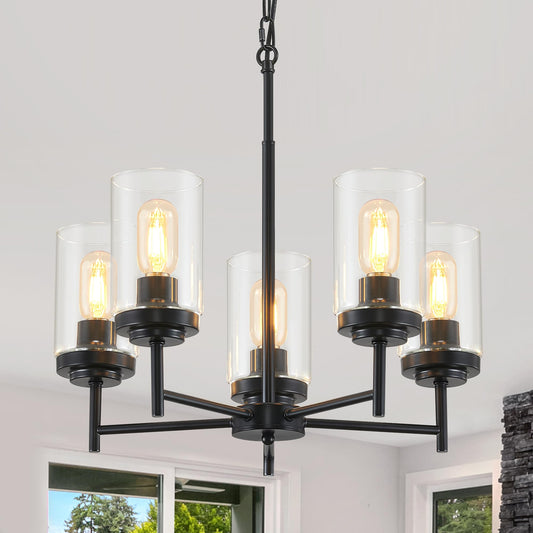 5-Light Farmhouse Glass Chandelier, Modern Black Chandelier for Dining Room, Industrial Foyer Lighting Fixtures Chandeliers for Entryway Kitchen Island Living Room Bedroom Adjustable Height, UL-Listed