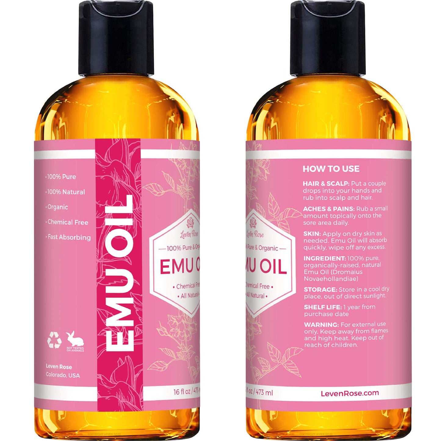 Leven Rose Emu Oil 100% Pure Natural Scar Minimizer Anti Aging Skin Moisturizer 16 oz