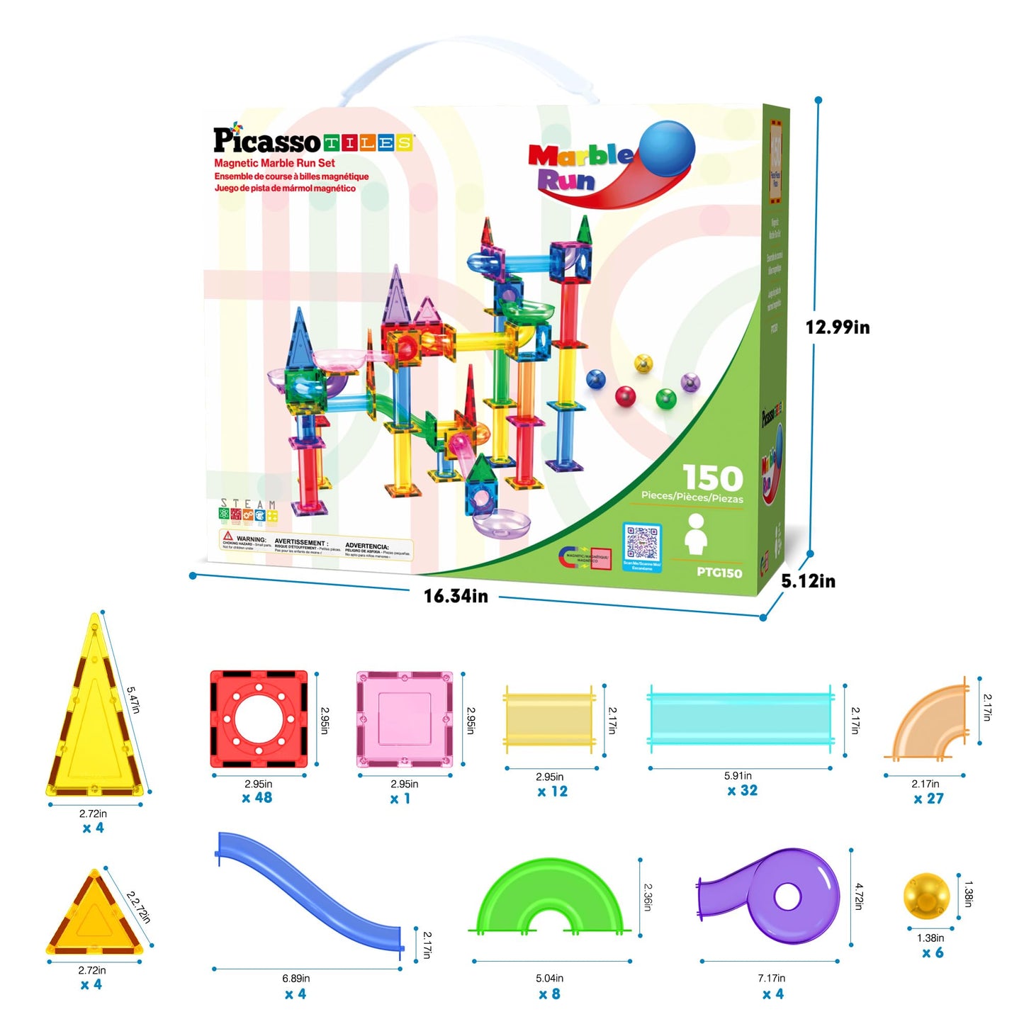 PicassoTiles Marble Run 150-Piece Magnetic Tile Race Track Toy Play Set STEM Building & Learning Educational Magnet Construction Kit Child Brain Development Toys Boys Girls Age 3 4 5 6 7 8+ Years Old