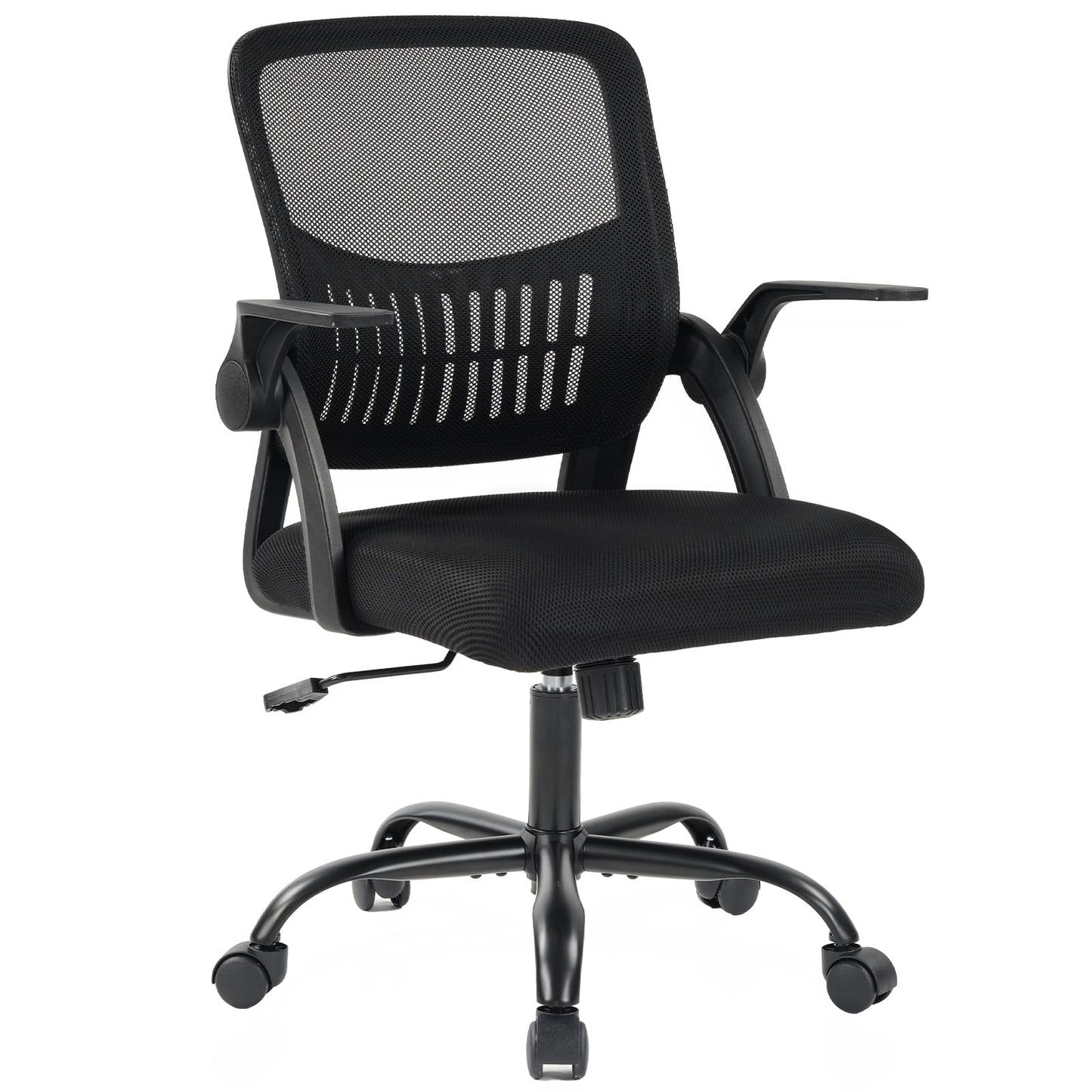 DUMOS Home Office Computer Chair - Ergonomic Mid Back Desk with Lumbar Support and Rocking Mode, Height Adjustable with Flip-up Armrest, for Conference Meeting Room, 360° Swivel, Adults, Black