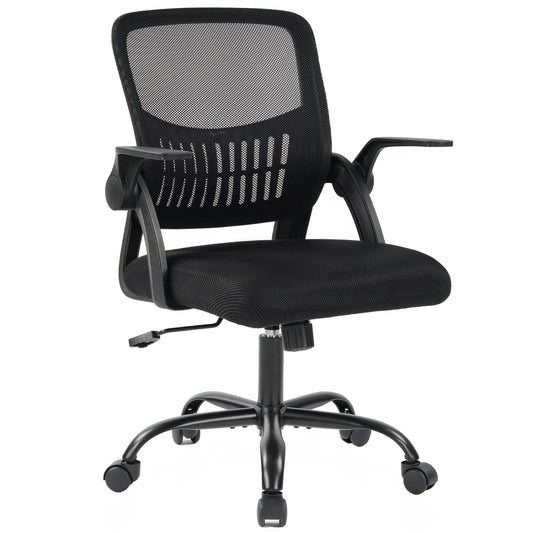 DUMOS Home Office Computer Chair - Ergonomic Mid Back Desk with Lumbar Support and Rocking Mode, Height Adjustable with Flip-up Armrest, for Conference Meeting Room, 360° Swivel, Adults, Black