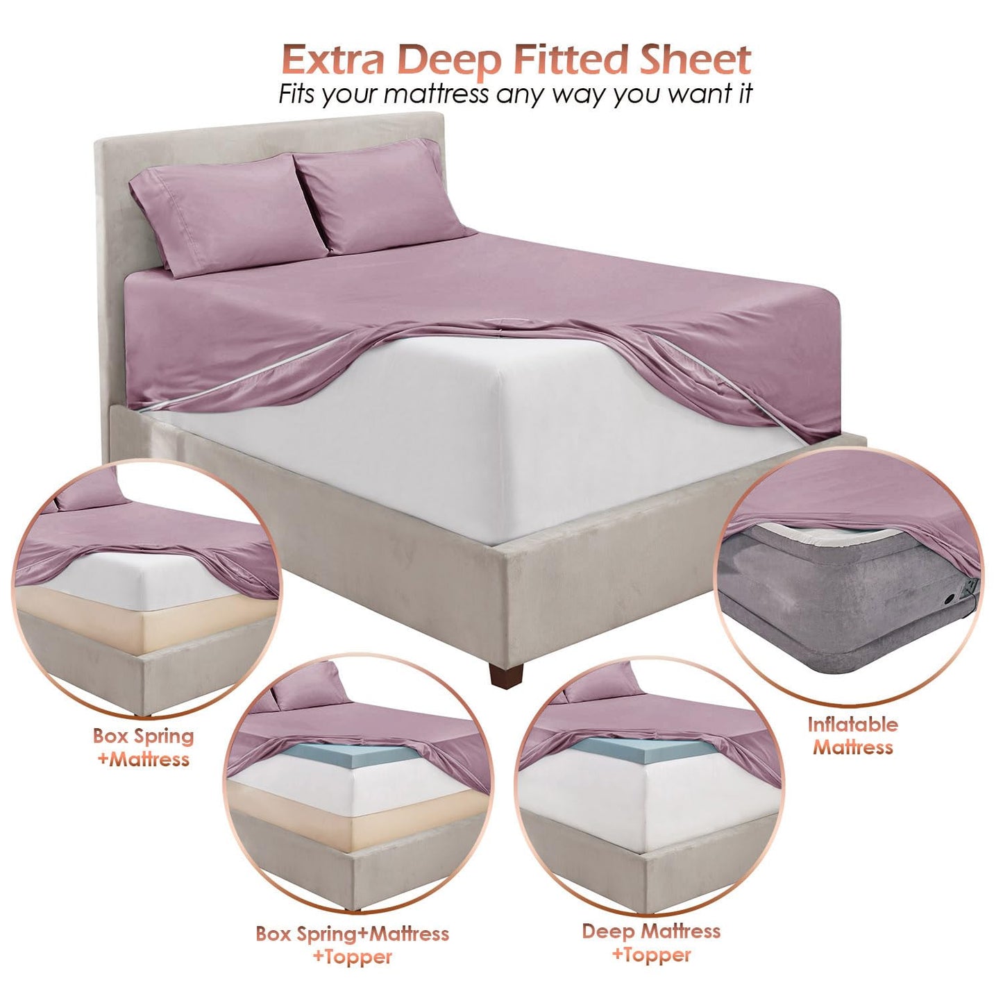 Hearth & Harbor Extra Deep Pocket Sheet Sets, Luxury Soft 6 Piece Bed Sheet Set Fits Mattress 18-24 Inches - King, Dusty Purple