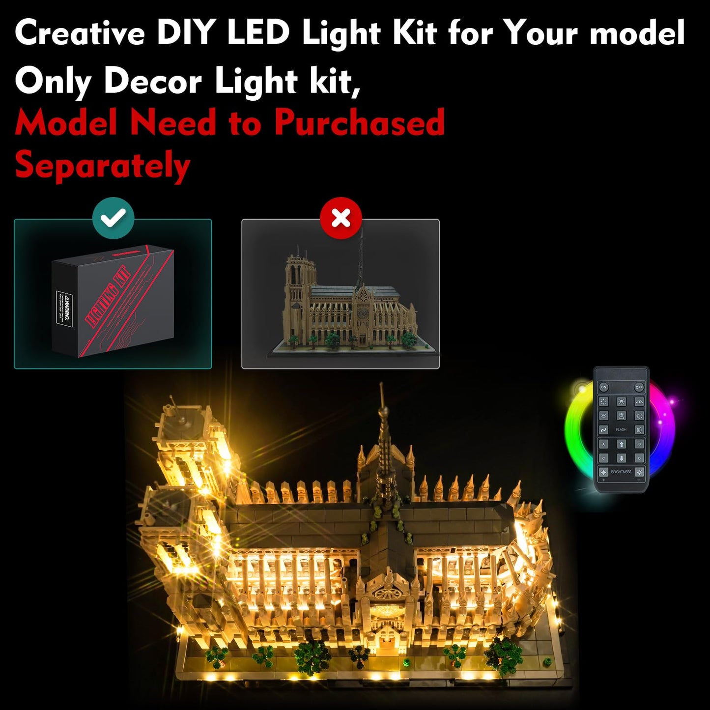 LocoLee Light Kit Compatible with Lego Notre Dame Cathedral Architecture 21061, Creative Lighting Set Accessories Compatible with Lego Paris Notre Dame 21061 Set, No Models Only Light (RC Version)