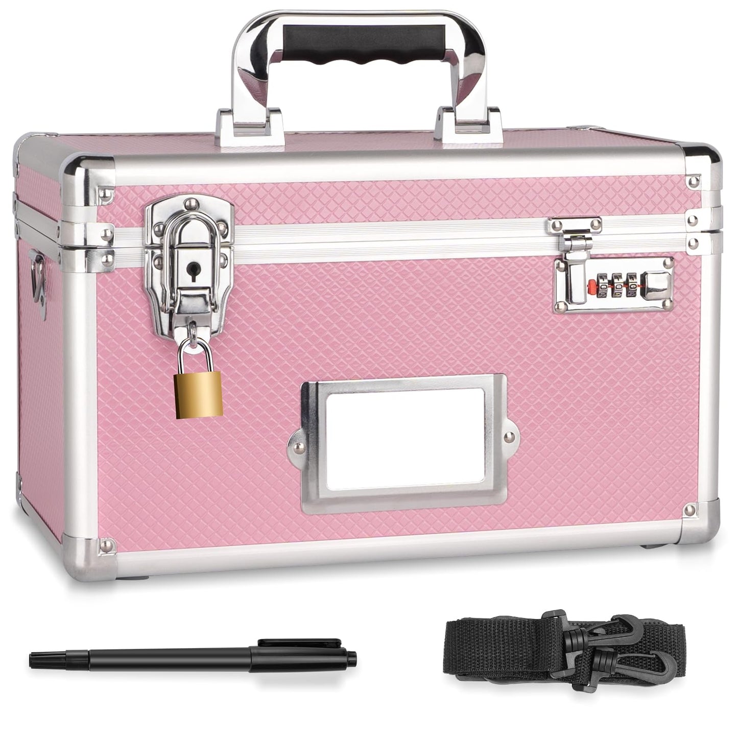 LOCKCURX Medication Lock Box, Lockable Storage Box with Dual Locks (Combination & Padlock), Lockbox with Shoulder Strap & ID Label Slot, for Valuables and Medicine(13.4 x 7.5 x 8.3 Inch, Black)