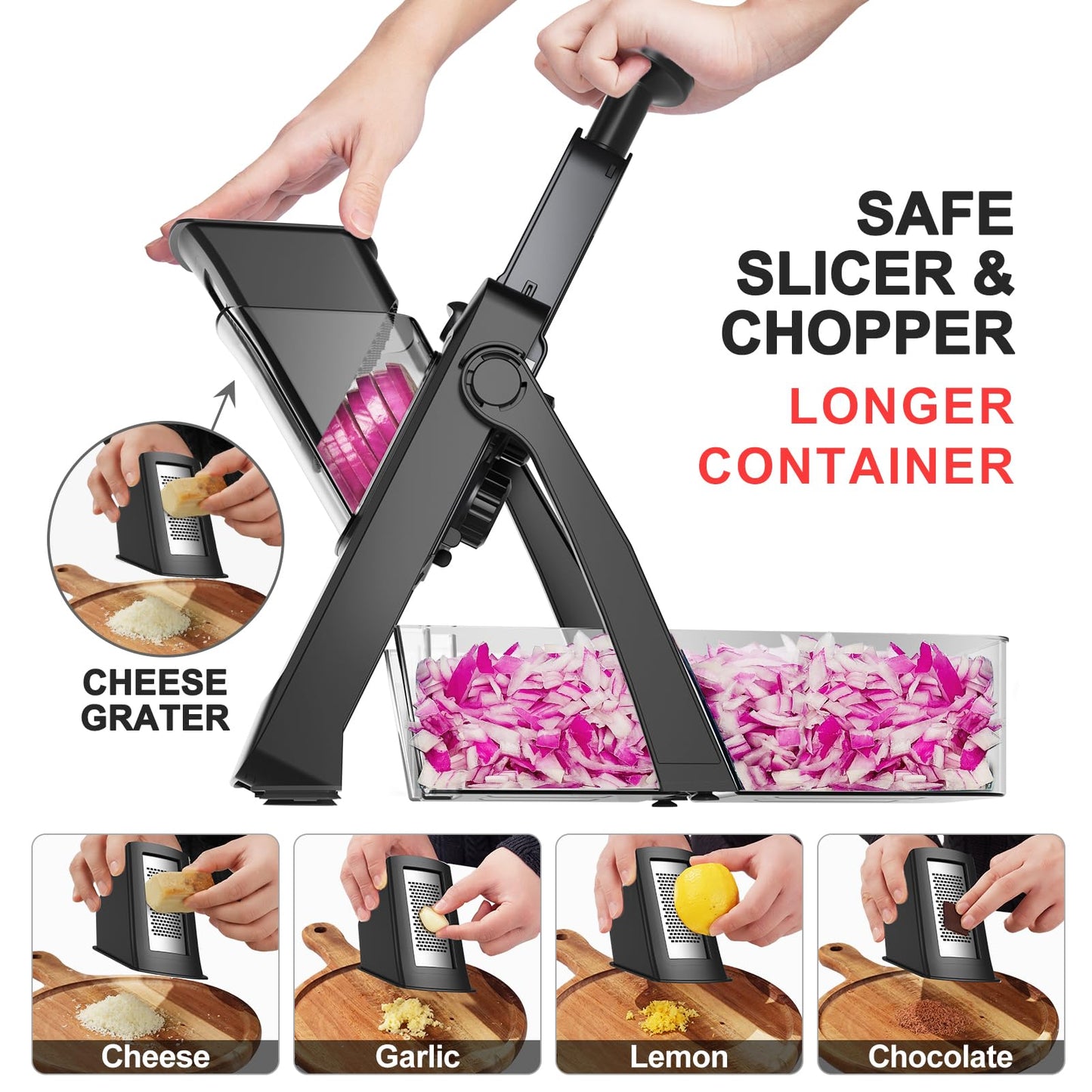 SupMaKin 2026 Upgrade Safe Mandoline Slicer,Multi Vegetable Chopper,Potato Slicer, Onion Chopper with Drain Basket Storage Container, Cheese Grater Kitchen Chopping Artifact (Black)