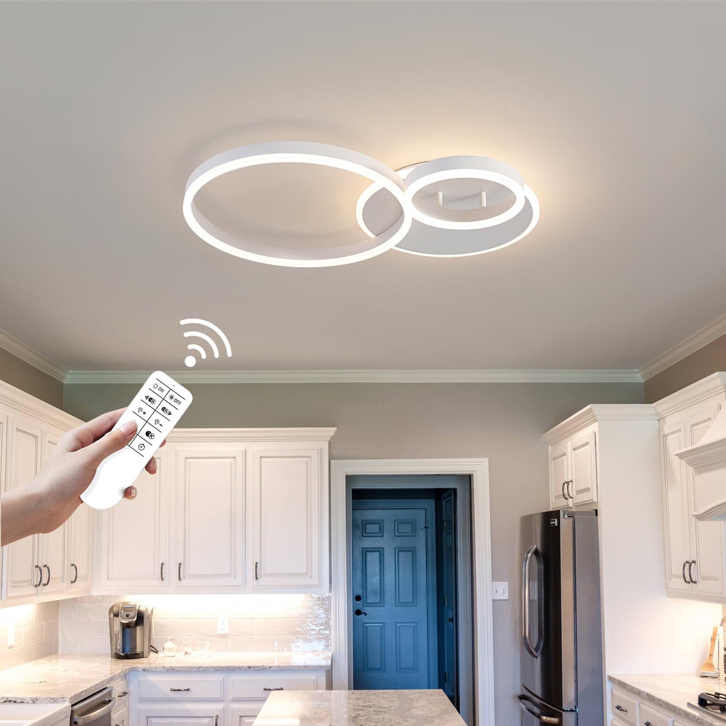 O'NEELDY Modern 3 Ring LED Chandelier Lamp Fixture White 25.59''Dimmable Acrylic Flush Mount Ceiling Lights with Remote Control Ideal for Small Room, Kitchen, Bedroom