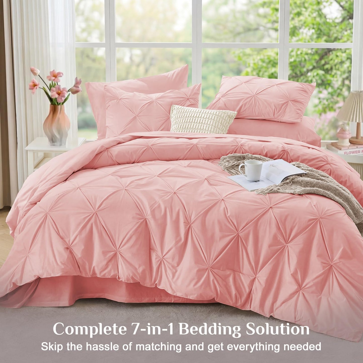 JOLLYVOGUE Full Size Comforter Sets 7 Pieces - Bed in a Bag Full for All Season, Pintuck Bedding Comforter Sets with Comforter, Flat Sheet, Fitted Sheet and Pillowcases & Shams, Pink