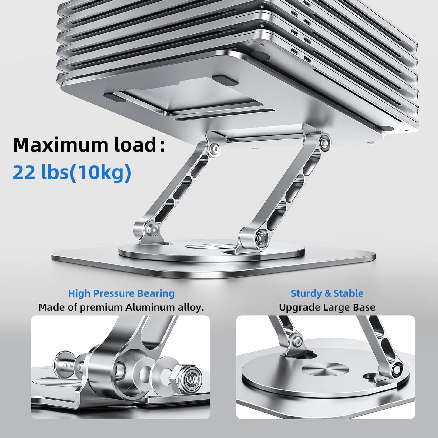 MCHOSE Adjustable Laptop Stand for Desk, Ergonomic Riser with 360° Rotating Base, Foldable Notebook Computer Holder Compatible MacBook Air Pro, Dell XPS, More 10-17" Laptops, Silver