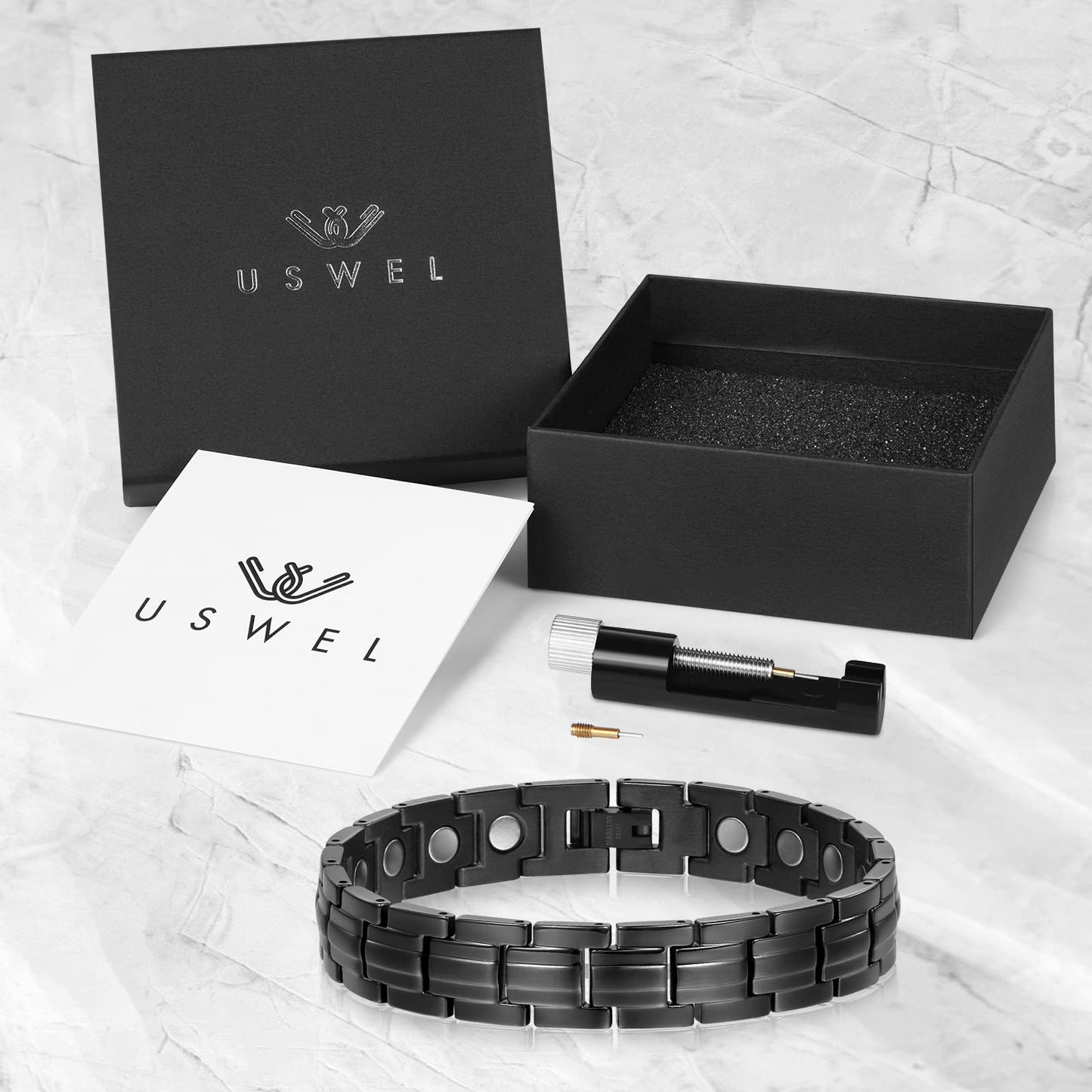 USWEL Ultra Strength Magnetic Bracelet - Titanium Steel Magnetic Bracelets for Men Women - Adjustable Length with Sizing Tool, Fathers Day/Mothers Day Jewelry Gift (Black)