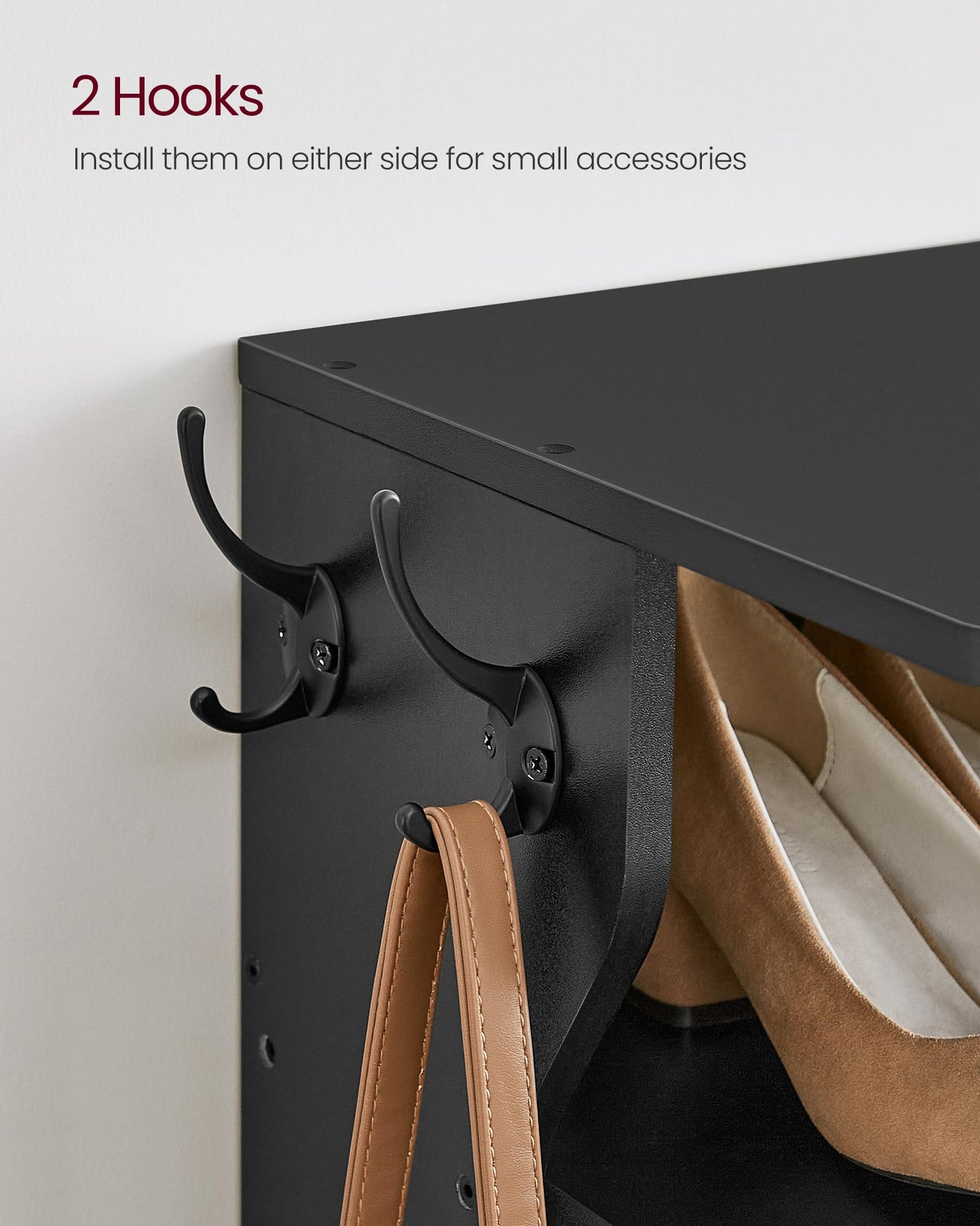 VASAGLE 7-Tier Vertical Shoe Rack, Narrow Shoe Storage Organizer with Hooks, Slim Corner Tower Shelf, Space-Saving for Entryway and Bedroom, Black ULBS200T16