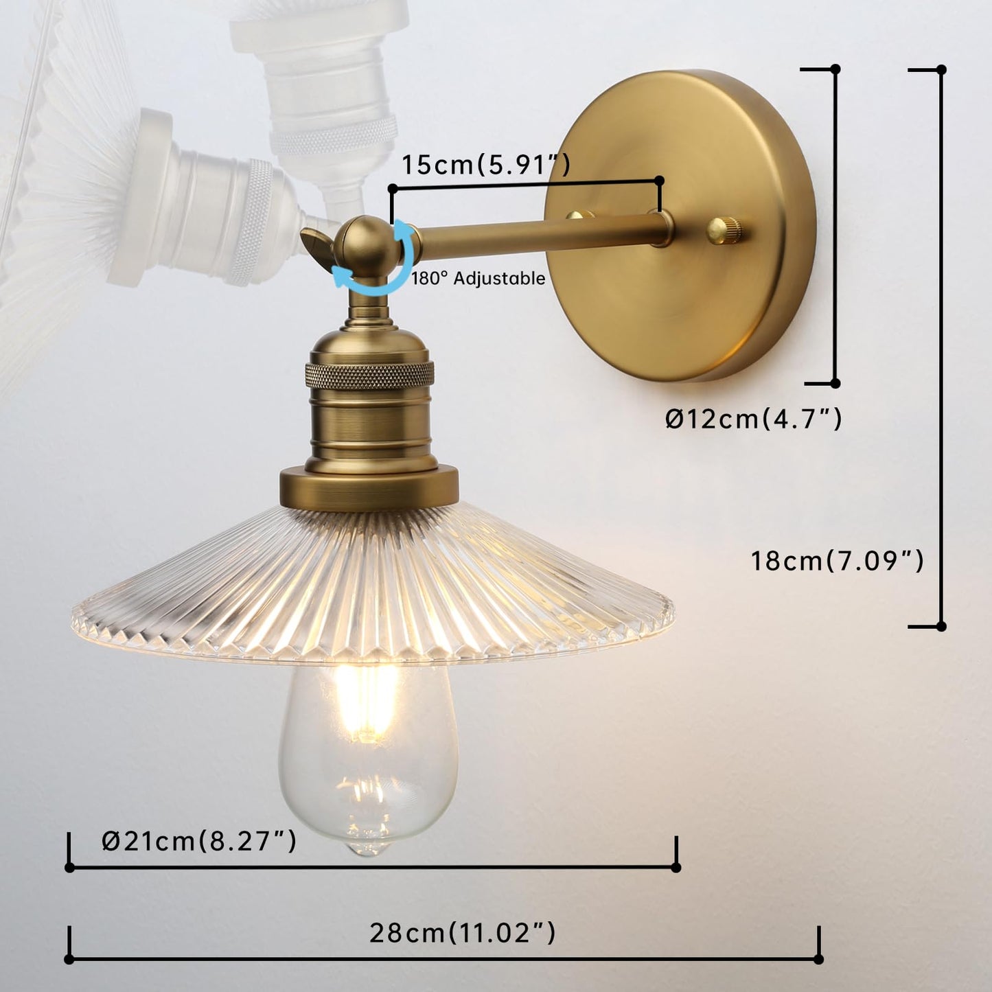 JIMUBEAM Industrial Vintage Wall Sconce 1-Light with Funnel Ribbed Clear Glass Shade, Indoor Wall Mounted Lamp Fixture for Living Room Bedroom Bathroom Over Kitchen Sink