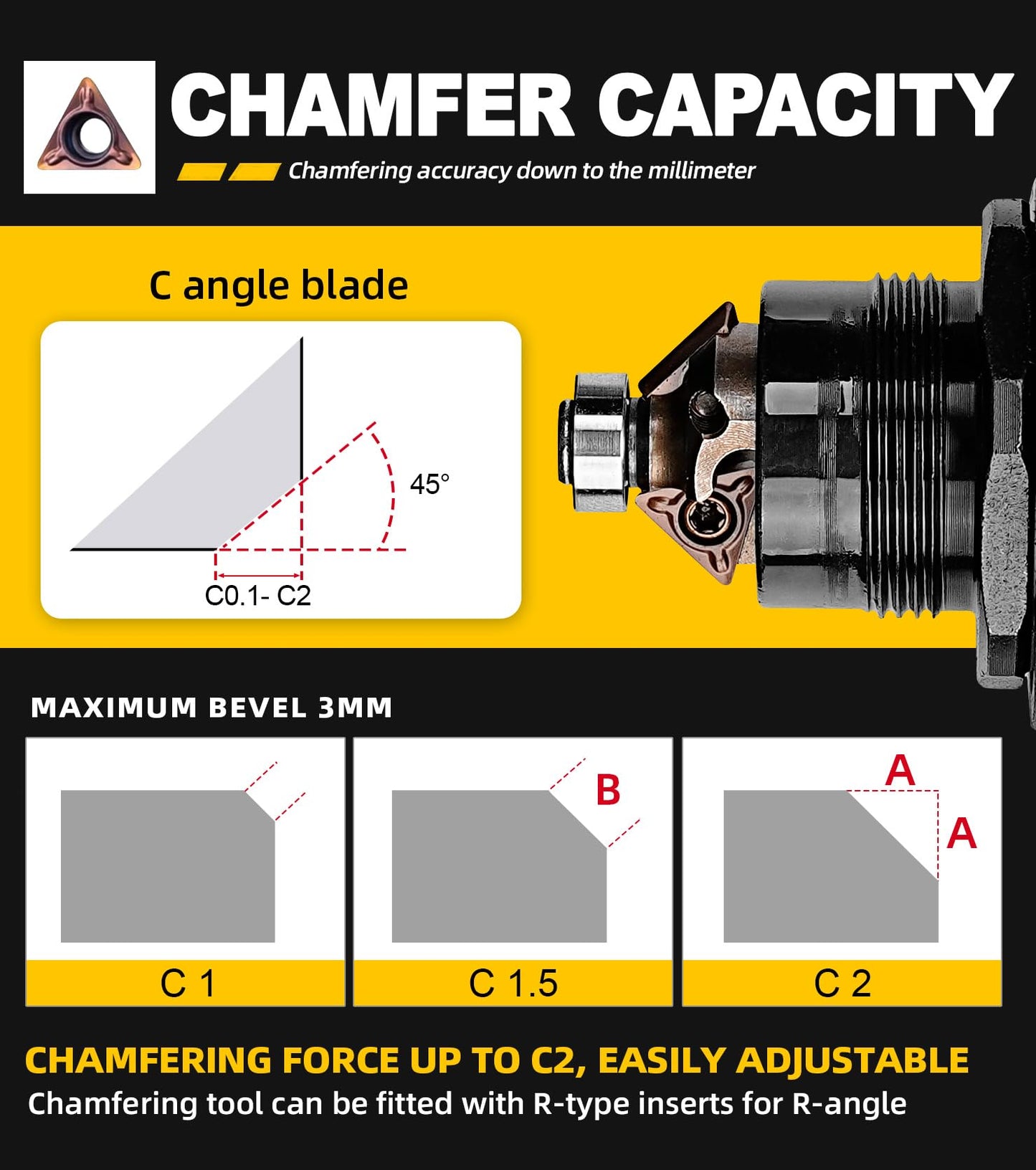 SI FANG Air Chamfer Tool for Metal Deburring Chamfering, Portable Handheld Pneumatic Mini Beveler, C0.1-2 Angle Quick Beveling & Trimming, with Replace Carbide Blades Inserts and Bearings