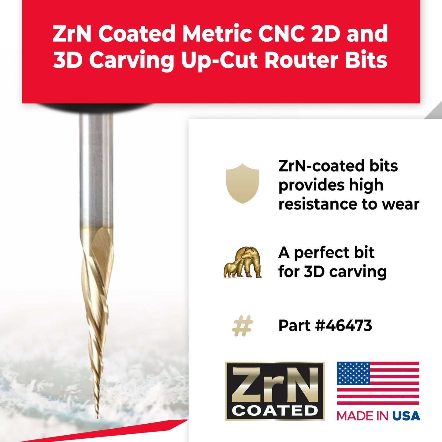 Amana Tool CNC 2D 3D Carving Angle Ball Tip Router Bit, ZrN Coated, 46473, 6.2 Degree Metric, x 0.5 Dia x 0.25 Rad x 26.5 CH x 6 Shk x 75mm L x 3 Fl