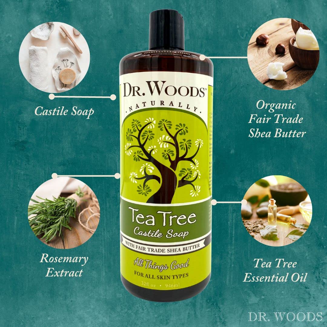 Dr. Woods Liquid Castile Soap - Pure Tea Tree Oil and Peppermint Soap, Body Wash for Men and Women, Contains Organic Shea Butter, Natural Cleaner for Face, Hands, and Body - 32 Fl Oz, Pack of 2