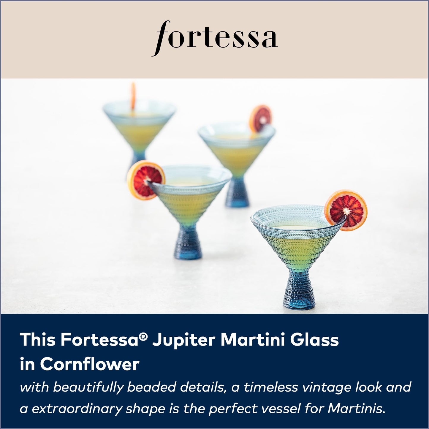 Fortessa Jupiter Beaded Hobnail Glass, 11.5 Ounce Martini (Set of 4), Cornflower Blue