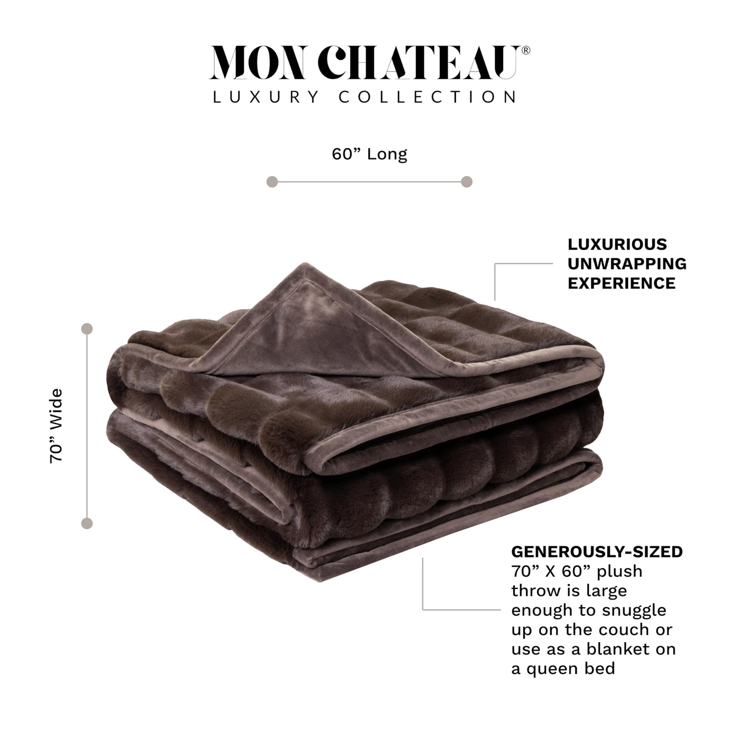 Mon Chateau 60" x 70" Hearthside Faux Fur Throw Blanket, Reversible Soft Blanket for Queen-Size Bed, Couch, or Sofa, Cozy Home Decor and Stylish Living Room Comfort, Winter Cream (Chestnut Square)