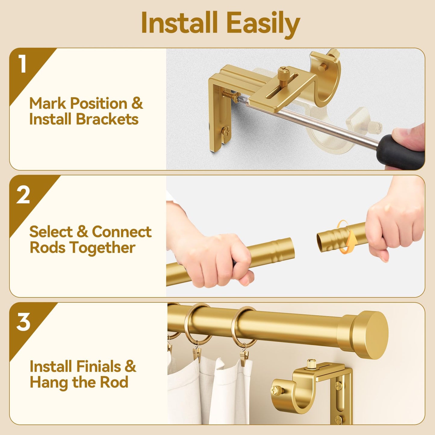 YaFex Curtain Rods 2 Pack 32-84 Inch, Heavy Duty 1 Inch Curtain Rod, Gold Long Adjustable Window Treatment Rods, Modern Design, Easy Installation