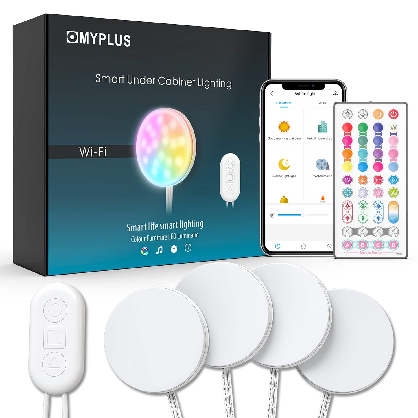 MYPLUS Smart Under Cabinet Lights, Ambiance Puck Lights Compatible with Alexa and Google Home,WiFi Controlled Dimmable and RGB Color Smart Lamp Fixture (7cm-4PCS)