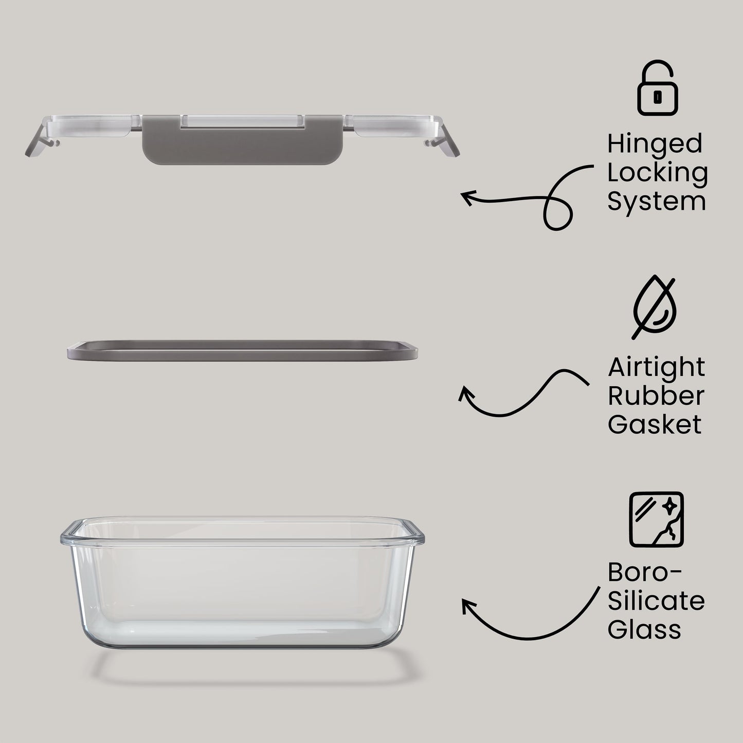 Bakken Borosilicate Glass Food Storage Containers with Lids 16 Pieces, BPA-Free Stackable Lunch & Leftover Containers, Microwave, Freezer & Dishwasher Safe, 100% Airtight Leak-Proof, Gray