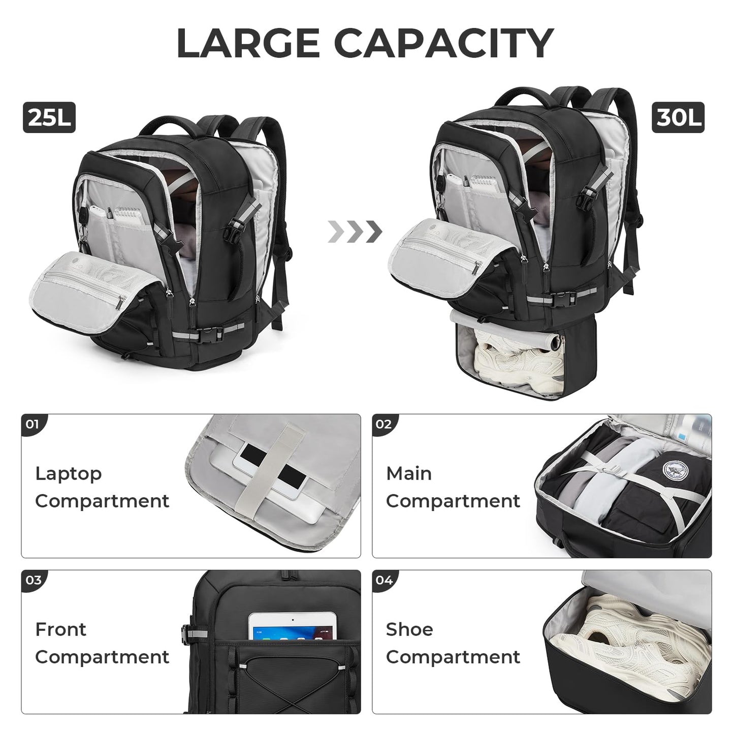CLUCI Travel Backpack 30L, Waterproof Laptop Backpack Fits 17.3 Inch Laptop, Carry On Backpack with shoe compartment, Durable Expandable Go Bag, Large Hiking Backpack for Men Women（Black）