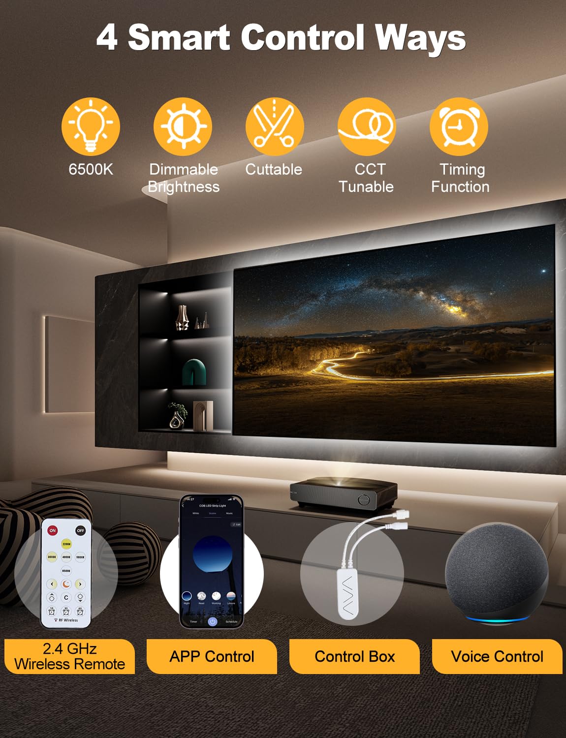 COB LED Strip Light 16.4ft, Dimmable 2300K-6500K White CCT Tunable, DC 24V Cuttable LED Tape Light, High Density 3040 LED 36W CRI 90, APP Remote Control, Music Mode, For Home DIY, Living Room, Bedroom