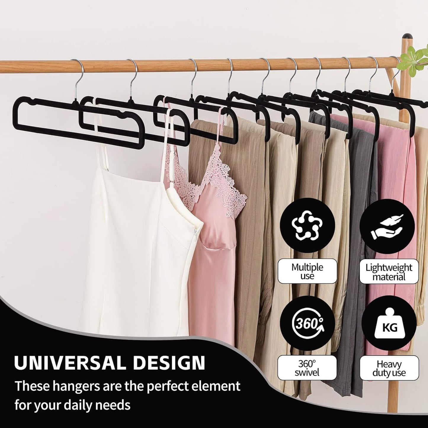 HGYZE Velvet Pants Hangers with Non Slip Bar, 20 Pack Felt Trouser Hanger, Perchas Terciopelo, Percha para Pantalones with 360° Swivel Hook for Spaghetti Strap Dresses, Shorts, Jeans, Slack, Black
