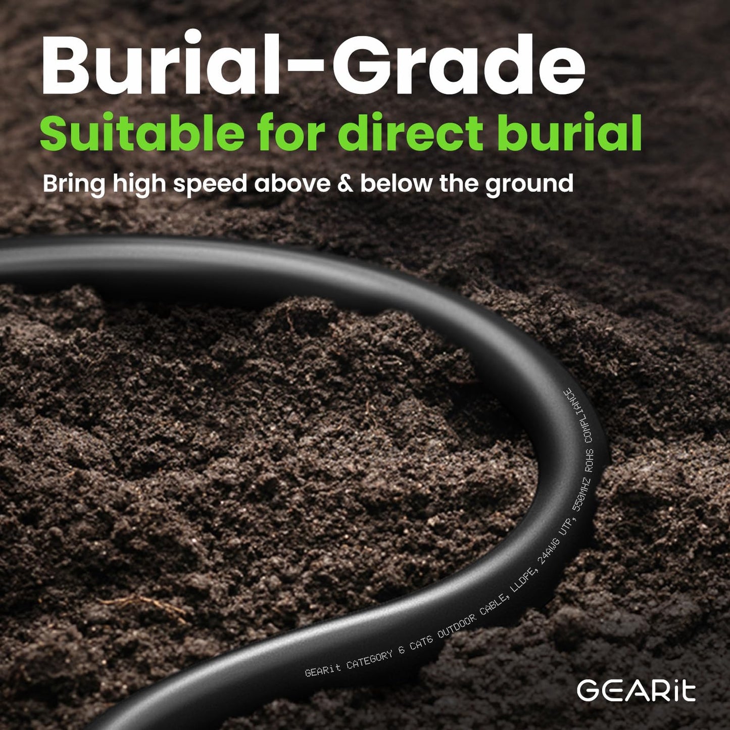 GearIT RJ45 Cat-6 Ethernet Patch Cable, 10Gpbs Transfer Speed, Gold-Plated Connectors, Copper Clad, Outdoor, UV Resistant, Direct Burial, Waterproof, Durable, 150 Foot (45.7 Meters), Black