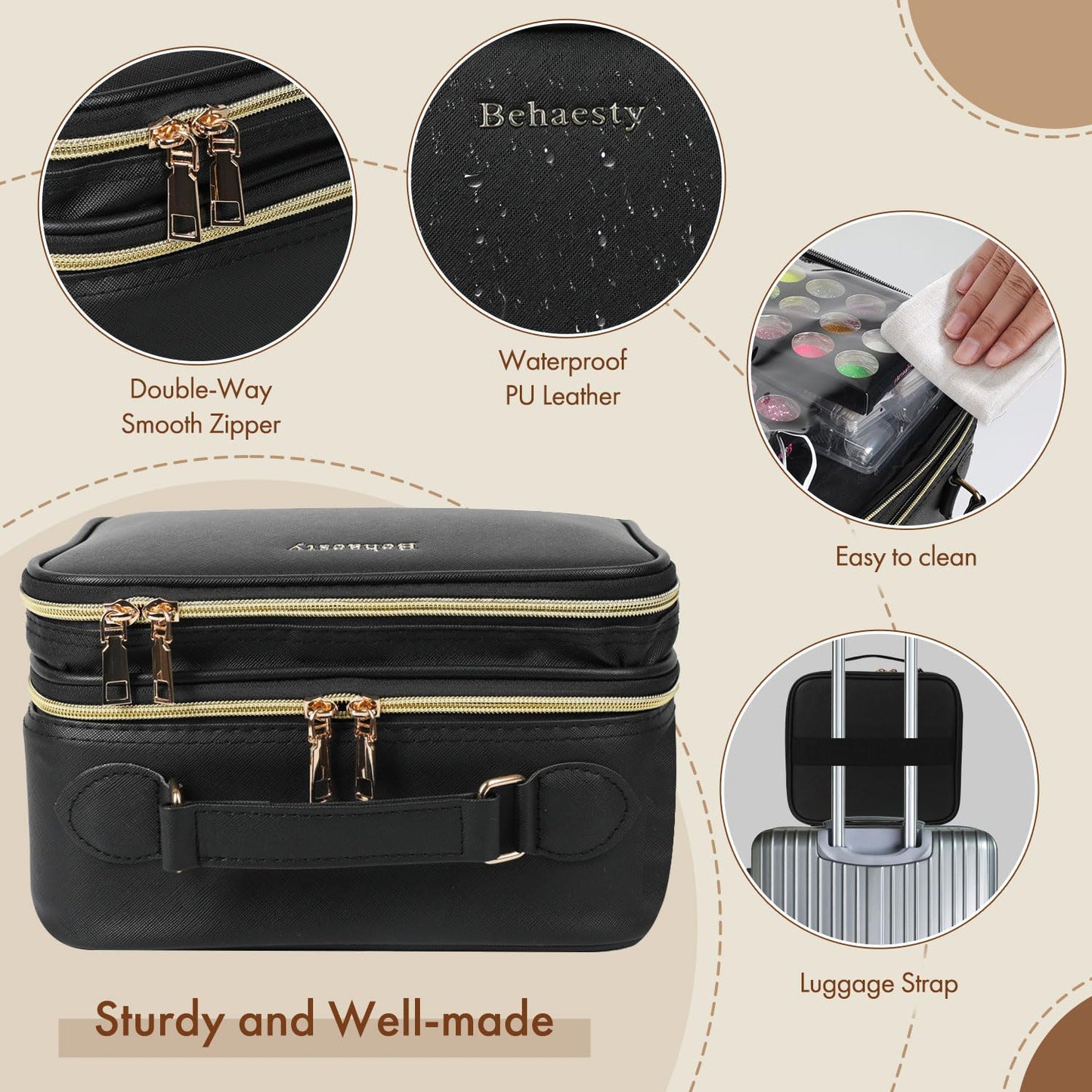 Behaesty Travel Makeup Bag with LED Mirror Double Layer, Detachable Vanity Mirror with Lights, Tri-light Dimmable, Makeup Case with Adjustable Dividers and Brush Holder Cosmetic Organizer Storage Box