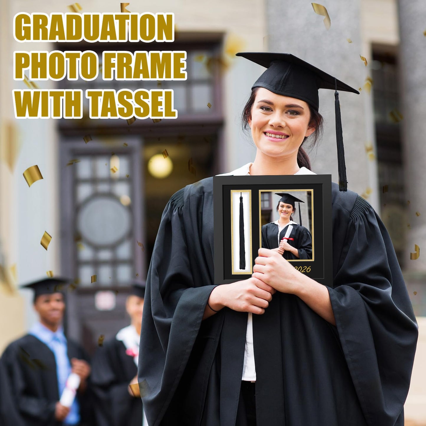 Amyhill Graduation Photo Frame 5×7 Inch with Tassel Holder for Pictures Photo Frame Elegant Black over Gold Double Mat Graduation Party Decorations, Class of 2026 Gift