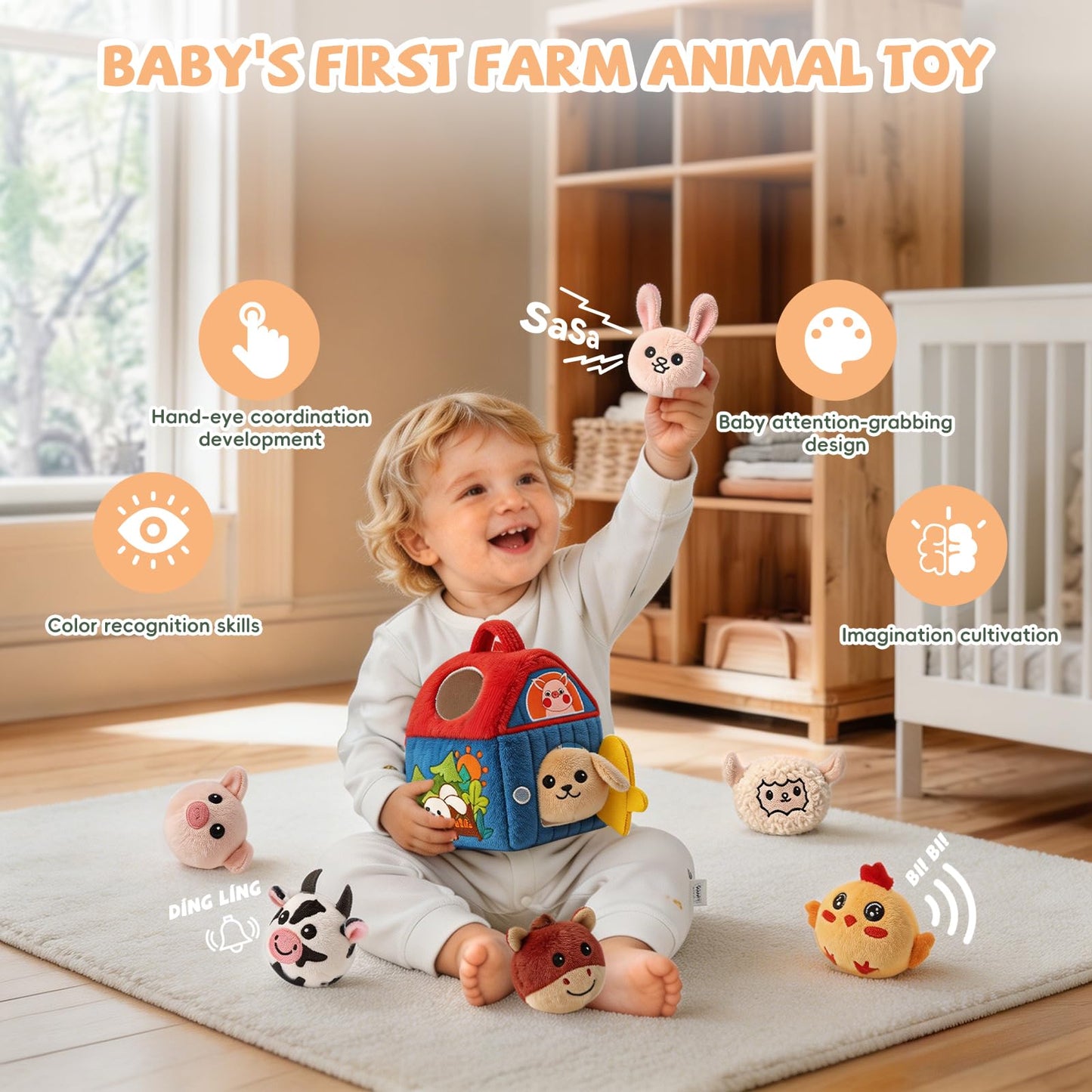 Baby Toys 6-12 Months, Barn with Stuffed Farm Animals, Babies Montessori Toy, Sensory Toys for Toddlers 1-3, Portable Travel & Learning Gift for Infants & Toddlers