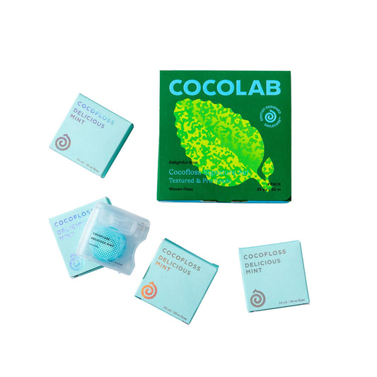 Cocofloss Woven Dental Floss, Dentist-Designed Oral Care, Mint, Waxed, Expanding, Vegan, Kid-Friendly String Floss with Coconut Oil, 4 Spools (33 yd Each)