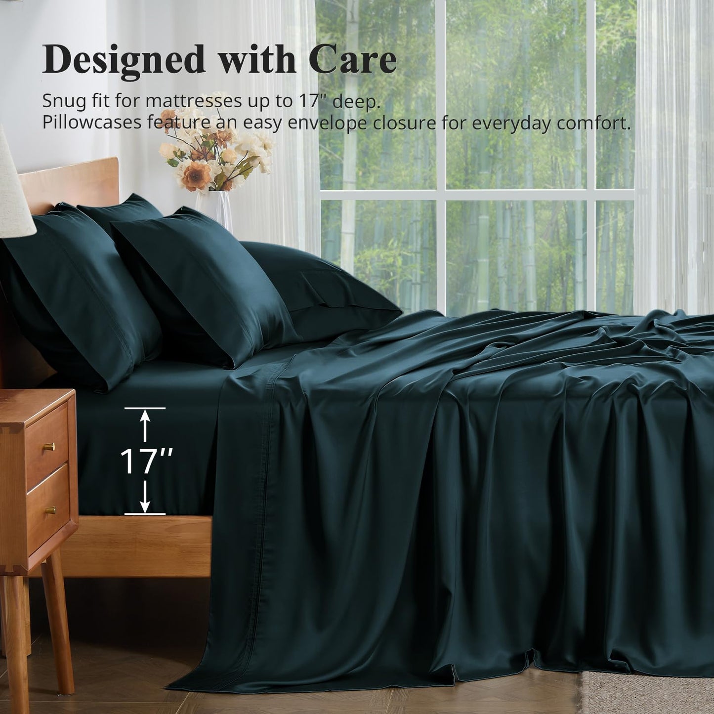 KRIMANO Full Size Sheet Set, Viscose Bamboo Sheets for Bed Set 4pcs, 100% Viscose Derived from Bamboo, Hotel Luxury Silky & Cooling for Hot Sleepers, Deep Pocket Up to 17", Navy Blue
