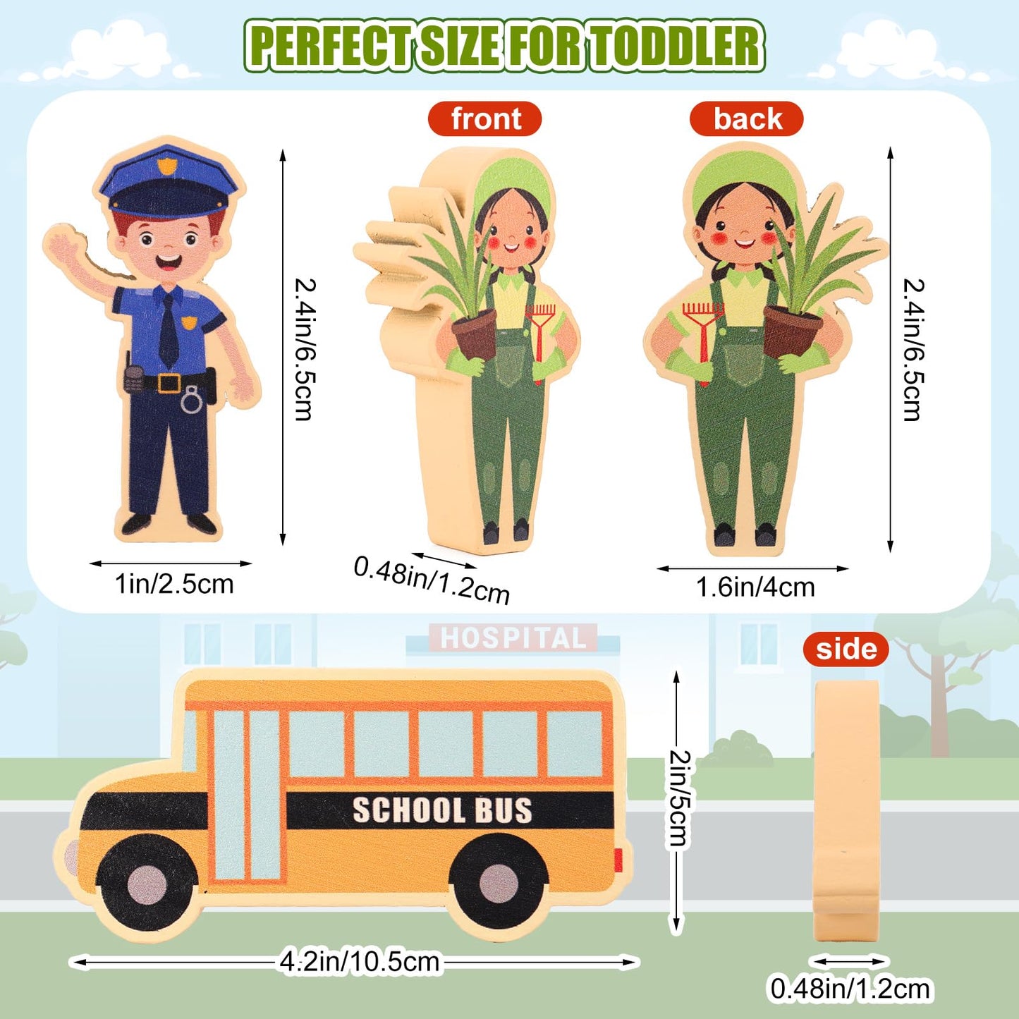 HIYZI - 40 pieces wooden community helpers for small people, professions, wooden blocks, professionals, children, simulation toys, multicultural numbers