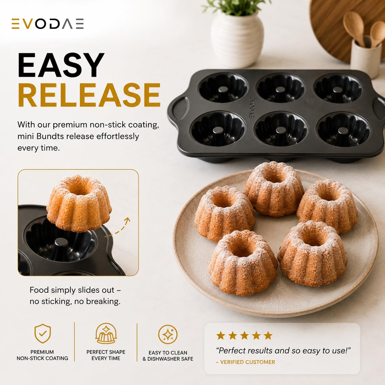 EVODAE Mini Bundt Cake Pans for Baking – Set of 2 – 6 Cups Each (12 Cups Total) – Nonstick Black Carbon Steel – Heavy-Duty & Built to Last – Carefully Packaged in a Clean Black Box – PFOA & PTFE Free