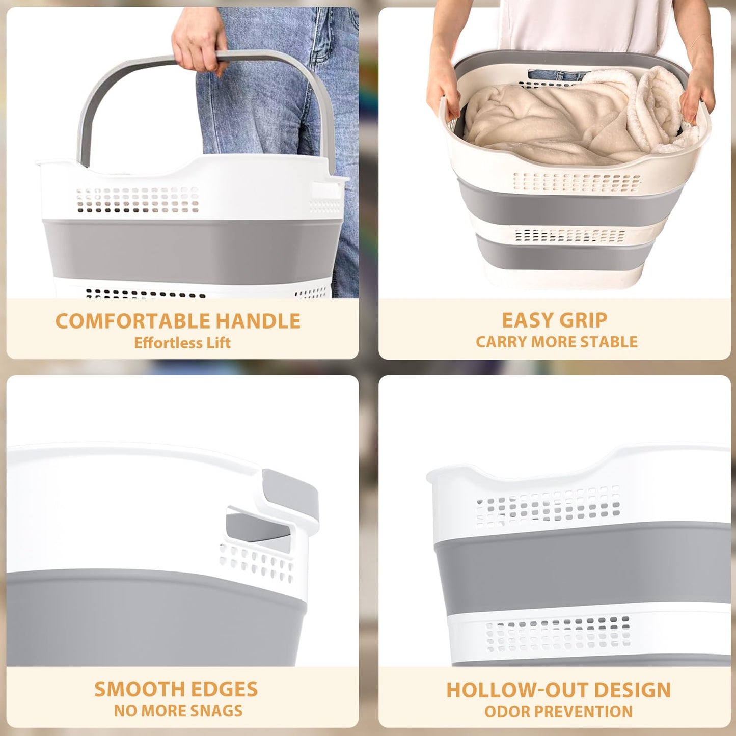 OOAMBB 43L+43L Collapsible Laundry Baskets plastic, Pop Up Laundry hamper/Storage Container, Foldable Laundry Basket with Handles, Durable,Space Saver (Grey, 2 Packs)