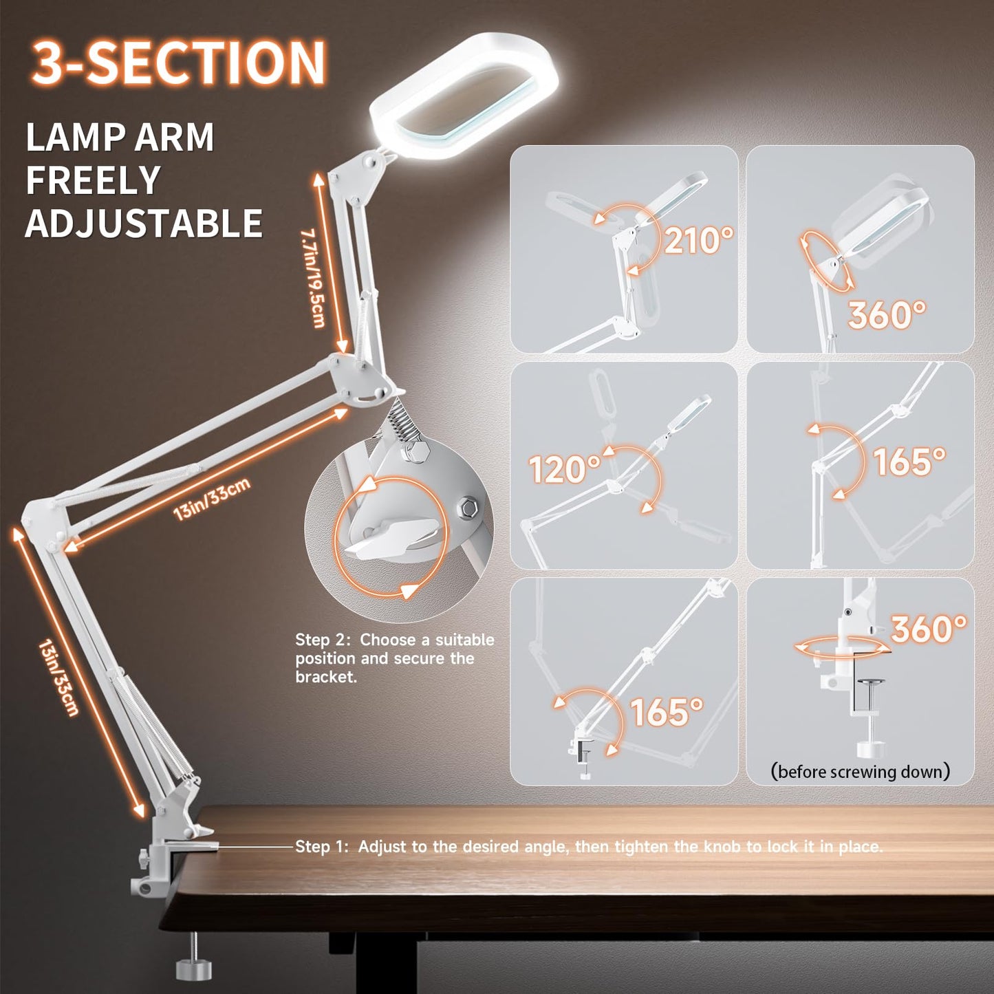 10X Square Magnifying Glass with Light, 3 Arms Table Lighted Magnifying Glasses Lamp with Clamp Hands Free for Reading Crafts Jewelry Repair Painting Close Work Hobbies, 5 Colors 10 Brightness