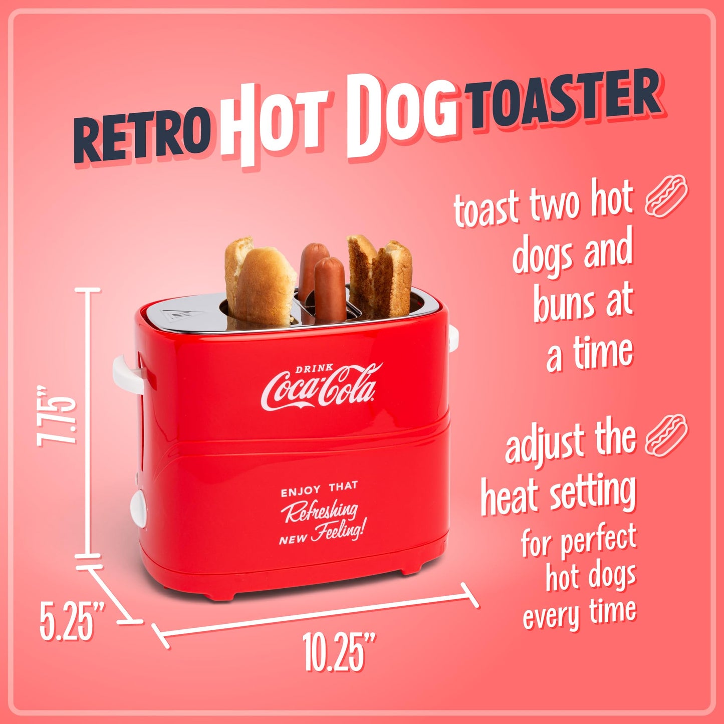 Nostalgia Coca-Cola Hot Dog Toaster - 2 Slot Bun Mini Tongs - Works with Chicken, Turkey, Veggie Links, Sausages and Brats - Coke Red