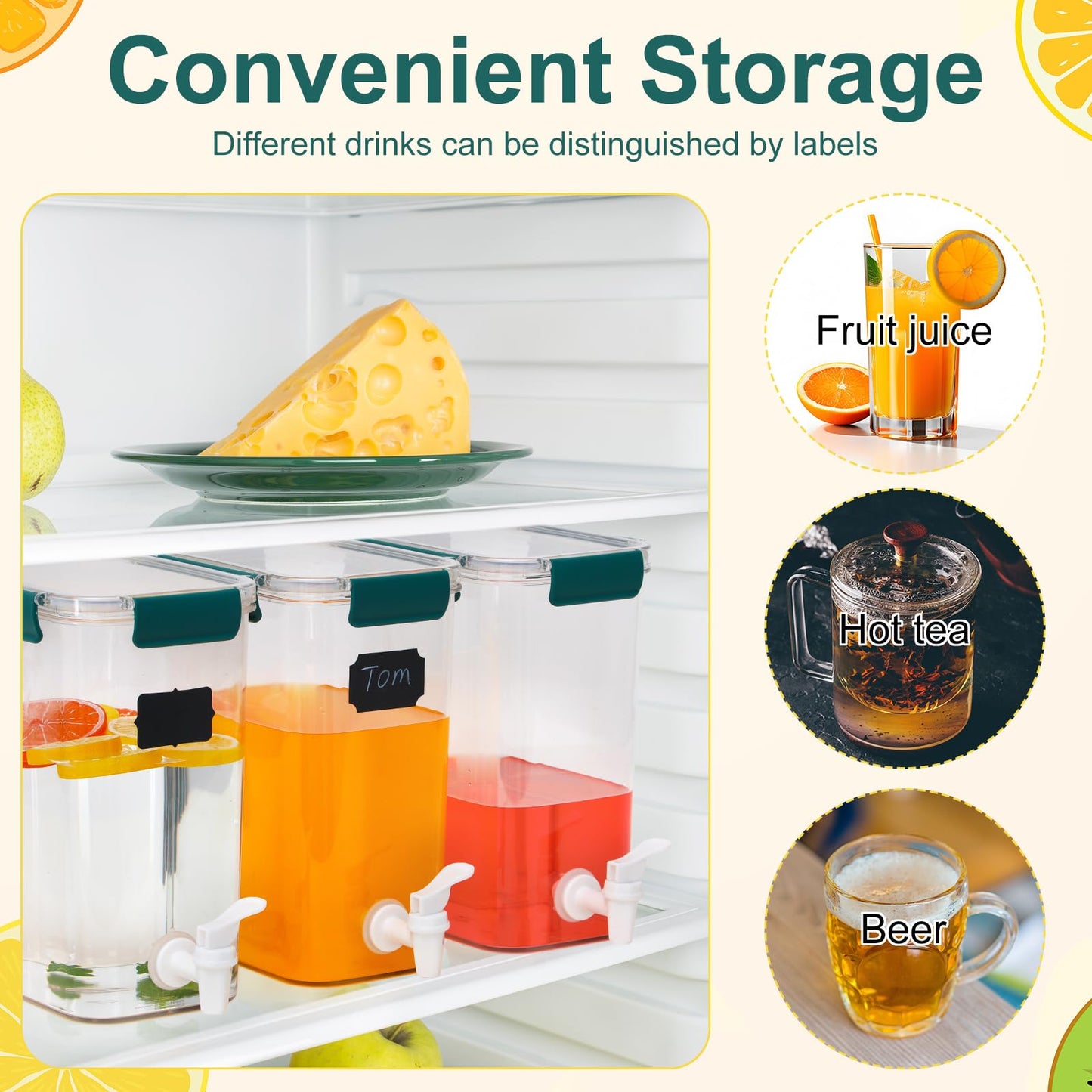 Mumufy 3 Set Plastic Drink Dispensers for Parties Beverage Dispenser for Fridge with Spigot Iced Juice Lemonade Container with Labels and Pens Summer Party Supplies(1.2 Gallon,Green)