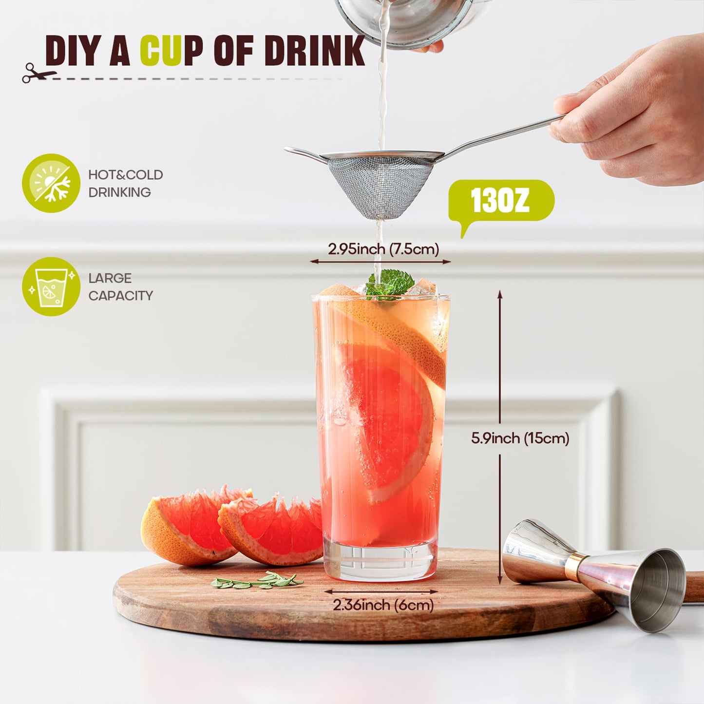 OUWO Highball Glasses Set of 12, 13oz Tall Drinking Glasses, Water Glass for Kitchen, Tom Collins Glasses, Mojito Glass Cups, Cocktail Glasses for Bar Glassware