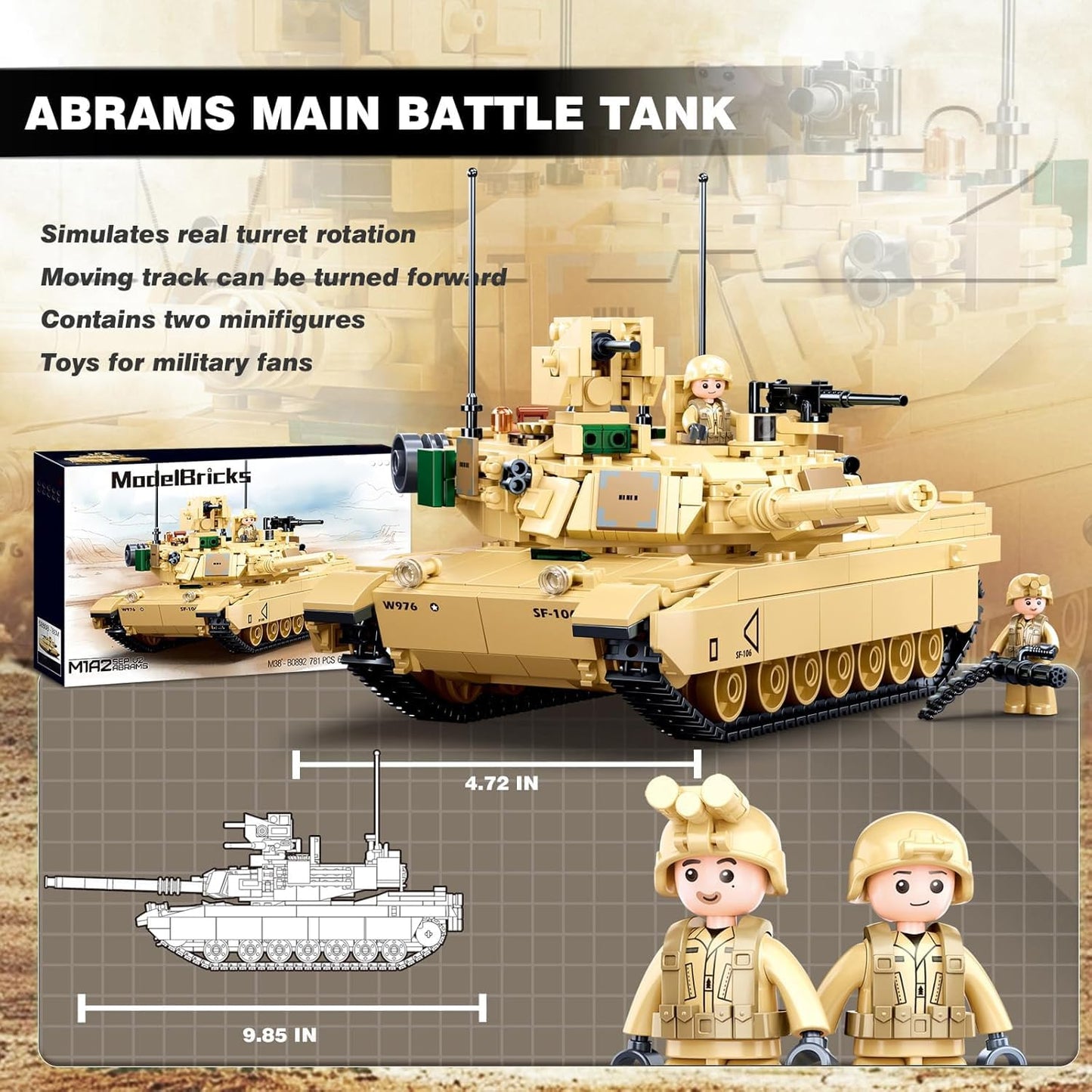 WW2 Army Tank M1A2 Main Battle Tank Military Model Toy Kits, Inspired M1A2 Abrams Brick Building Set, Including 2 Soldier Minifigures, Gifts for 6-12 Year Old Kids, Compatible with Lego, 781 PCS1