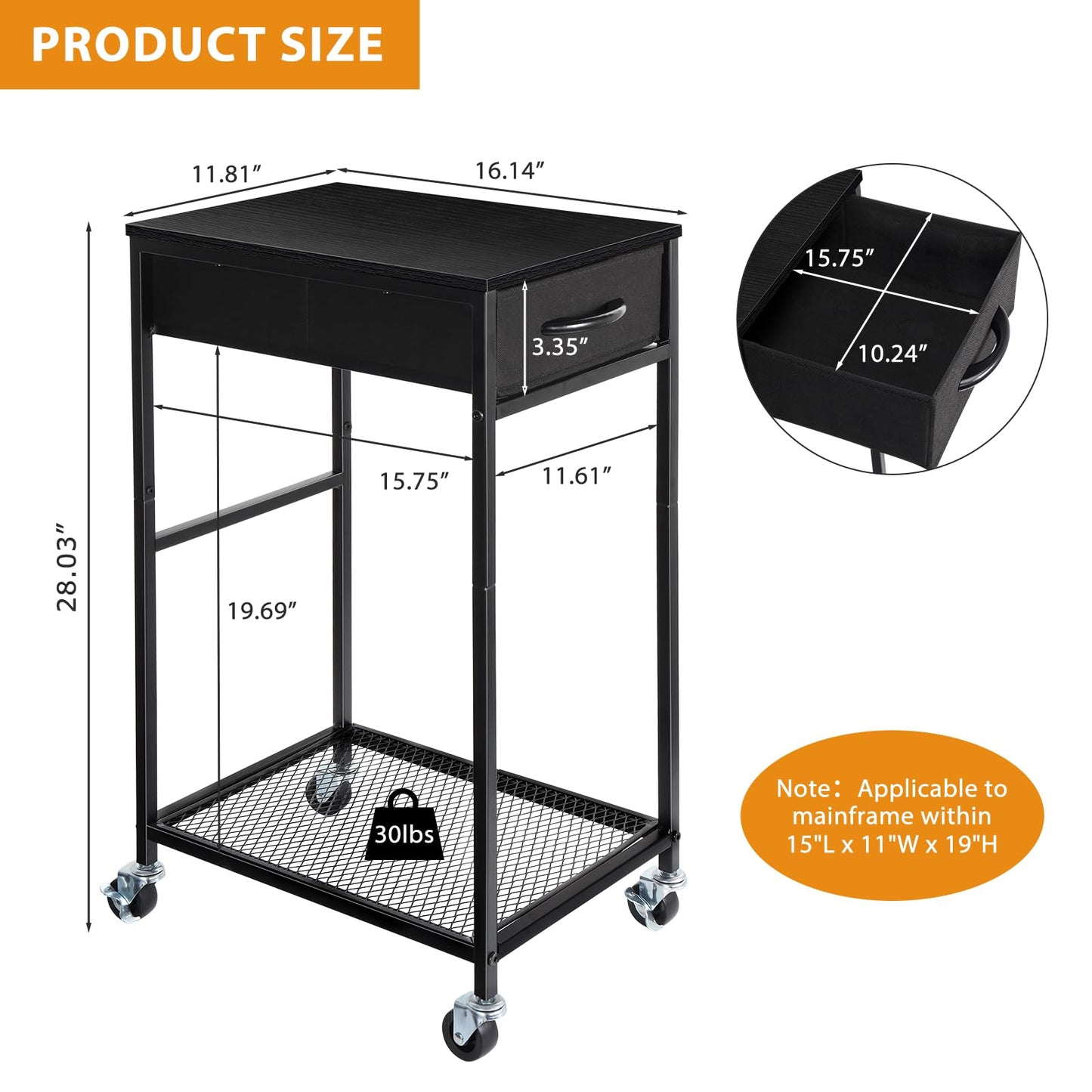 YBING PC Stand 2 Tier Computer Tower Stand with Drawer Mobile Computer Cart with Storage Metal CPU Holder on Wheels Pc Tower Stand Black Rolling Computer Tower Stand Floor for Office