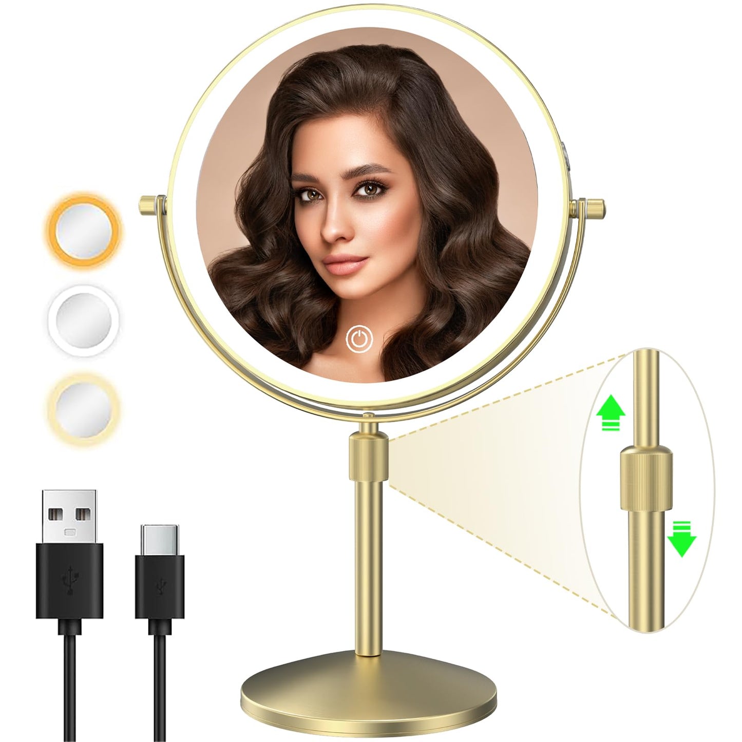 MIROAMZ 8" Lighted Makeup Mirror, 1X/10X Magnification Mirror with Lights, Double Sided Dimmable Mirror, Rechargeable & Brightness & Height Adjustable, Cordless Vanity Mirror(Gold)