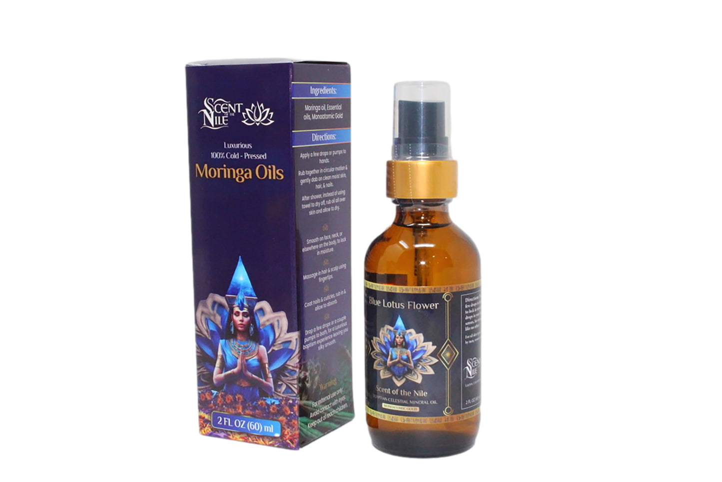 100% Pure Moringa Oil blended with Blue Lotus Flower Essential Oil and Ormus Gold, Premium Pure Moringa Seed Oil for Radiant Skin, Nourishing & Hydrating Face, Hair, Nails, and Body - 2oz. (60ml)