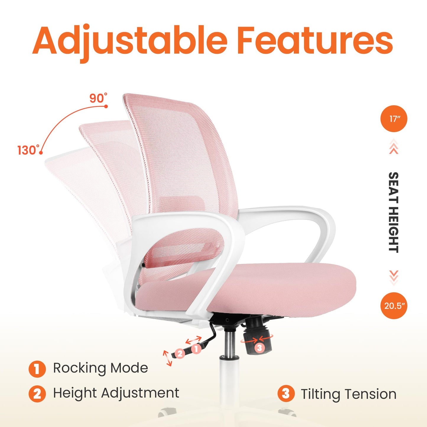 NEO CHAIR Office Desk Ergonomic Computer Mesh Chair with Lumbar Mid Back Support Adjustable Height Swivel Rolling Wheels Comfy Task Vanity Chair for Home Bedroom Study (Pastel Pink)