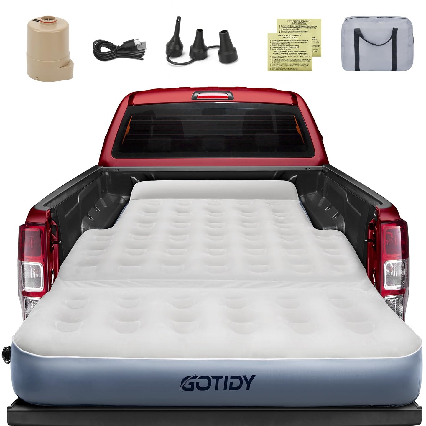 GOTIDY Short Truck Bed Air Mattress 5-5.5ft for Mid-Size Pickup with Tailgate Extension, Truck Bed Mattress for Tacoma Jeep Gladiator JT,Wired Air Pump, Oversized Carry Bag, Integrated Pillow