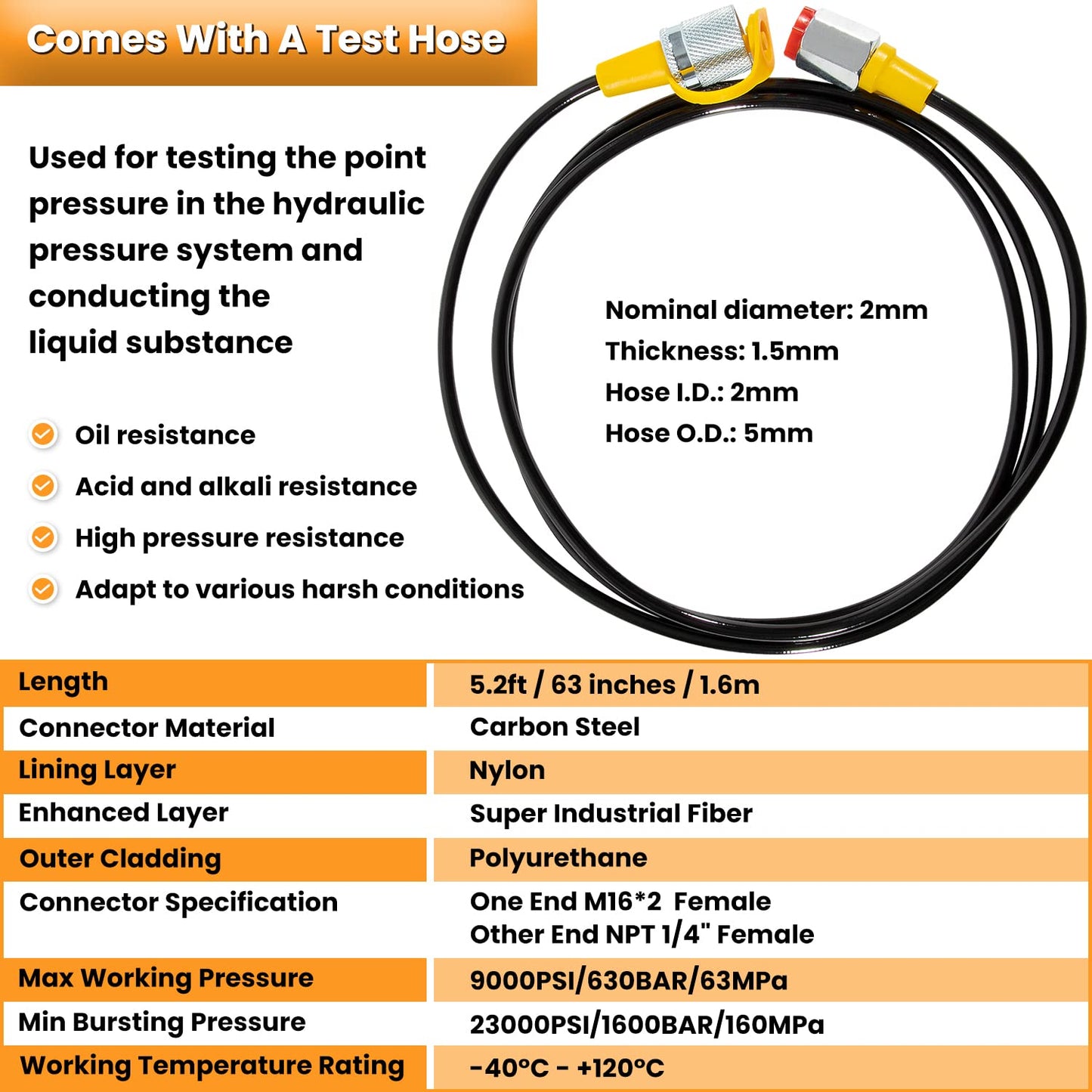 10000PSI Digital Hydraulic Pressure Test Coupling Kit Pressure Gauge Manometer Tester for USA Brand Excavator 1 Gauge 1 Hose 2 Couplings Black Silicone Protector 1/4 Inch NPT Connector 700BAR/70Mpa