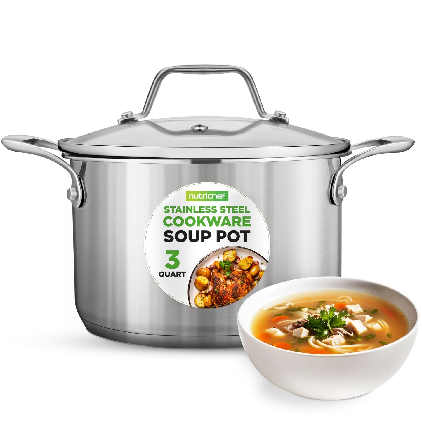 NutriChef 3-Quart Stainless Steel Soup Pot - 18/8 Food Grade Heavy Duty Cookware, Stock Pot, Stew Pot, Simmering Pot Kitchenware w/See Through Lid, Dishwasher Safe, For Induction Gas Ceramic Cooktops